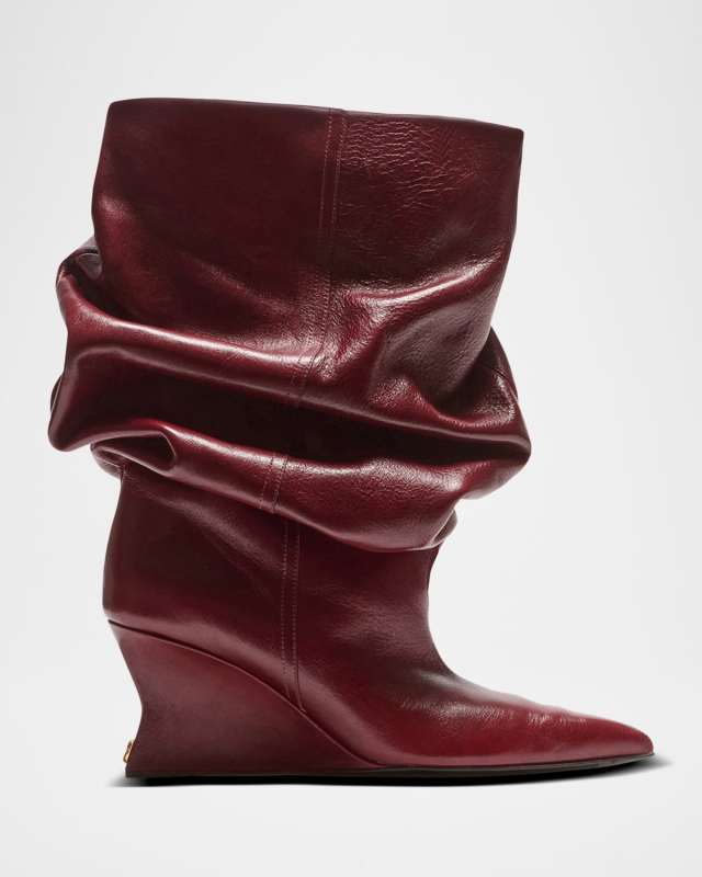 Draped Leather Wedge Ankle Boots